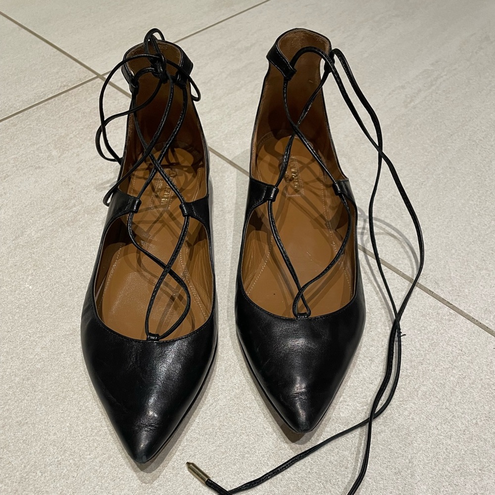 Aquazzura lace up strap leather ballerinas.